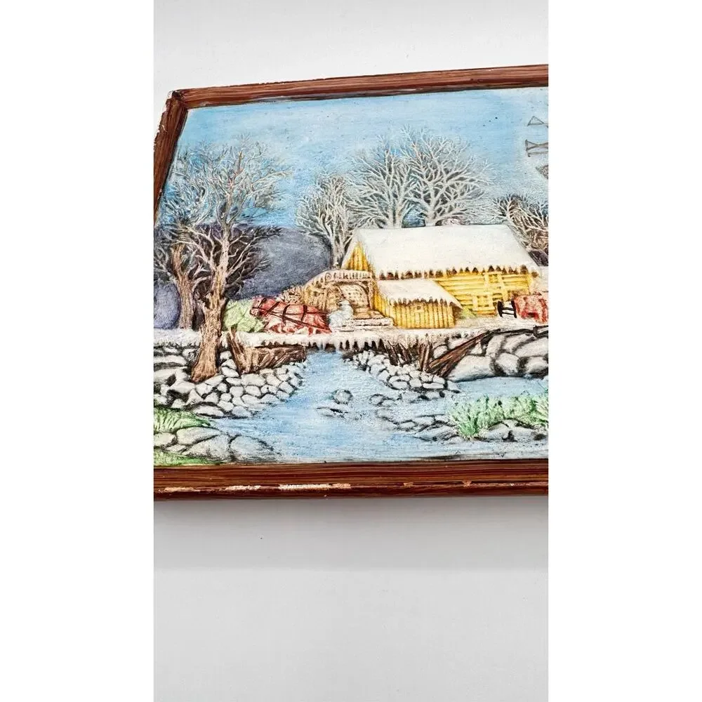 Vintage Byron Molds 1982/83 Hand Painted Winter Farm Scene Wall Clock Signed